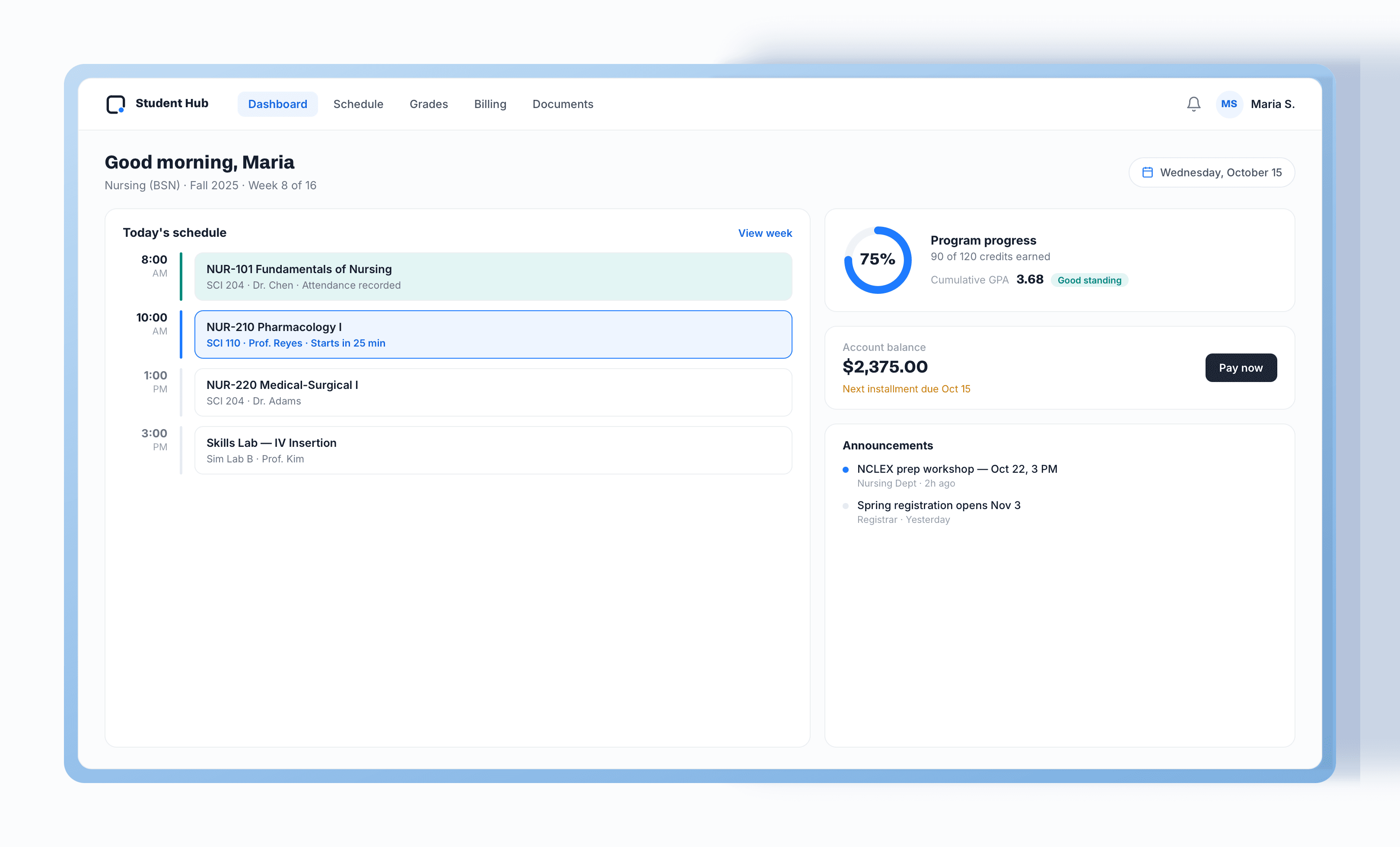 Edudigital Hub student dashboard — today's schedule, program progress, account balance, and announcements in a single portal view